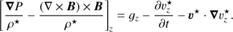 Mathematical equation: $ \begin{aligned} \left[\dfrac{\boldsymbol{\nabla}{P}}{{\rho ^\star}}-\dfrac{(\nabla \times {\boldsymbol{B}})\times {\boldsymbol{B}}}{{\rho ^\star}}\right]_{z}=g_z - \frac{\partial {{{v_z^\star}}}}{\partial {t}}-{{\boldsymbol{\upsilon}}}^\star \cdot \boldsymbol{\nabla} \upsilon_z^\star . \end{aligned} $