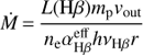 Mathematical equation: $$\dot M = {{L({\rm{H}}\beta ){m_{\rm{p}}}{v_{{\rm{out}}}}} \over {{n_{\rm{e}}}\alpha _{{\rm{H}}\beta }^{{\rm{eff}}}h{\nu _{{\rm{H}}\beta }}r}}$$