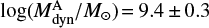 Mathematical equation: $ {\rm{log}}(M_{{\rm{dyn}}}^{\rm{A}}/{M_ \odot }) = 9.4 \pm 0.3 $