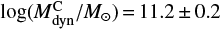 Mathematical equation: $ \log (M_{{\rm{dyn}}}^{\rm{C}}/{M_ \odot }) = 11.2 \pm {\rm{0}}.{\rm{2}} $