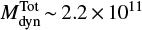 Mathematical equation: $ M_{{\rm{dyn}}}^{{\rm{Tot}}} \sim 2.2 \times {10^{11}} $