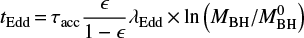 Mathematical equation: $$ \begin{align*} t_{\rm Edd}\,{=}\, \tau_{\rm acc} \frac{\epsilon}{1-\epsilon}\lambda_{\rm Edd} \times \mathrm{ln}\left(M_{\rm BH}/M_{\rm BH}^0\right) \end{align*} $$