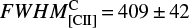 Mathematical equation: $ FWHM_{[{\rm{CII}}]}^{\rm{C}} = 409 \pm 42 $
