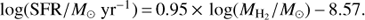 Mathematical equation: $$\log ({\rm{SFR}}/{M_ \odot }{\rm{y}}{{\rm{r}}^{ - 1}}) = 0.95 \times \log ({M_{{H_2}}}/{M_ \odot }) - 8.57.$$
