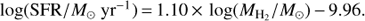 Mathematical equation: $$\log ({\rm{SFR}}/{M_ \odot }{\rm{y}}{{\rm{r}}^{ - 1}}) = 1.10 \times \log ({M_{{H_2}}}/{M_ \odot }) - 9.96.$$