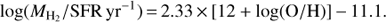 Mathematical equation: $$\log ({M_{{H_2}}}/{\rm{SFR y}}{{\rm{r}}^{ - 1}}) = 2.33 \times [12 + \log ({\rm{O/H}})] - 11.1.$$