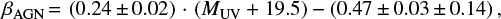 Mathematical equation: $$ \beta_{\rm AGN}\,{=}\,\left( 0.24\,{\pm}\,0.02 \right)\,{\cdot}\,\left( M_{\rm UV} +19.5 \right) - \left(0.47\,{\pm}\,0.03\,{\pm}\,0.14 \right),$$