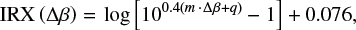 Mathematical equation: $$ {\rm IRX}\left( \Delta\beta \right)\,{=}\,\log{\left[ 10^{0.4 \left(m\,{\cdot}\,\Delta\beta + q \right)}-1 \right]}+0.076, $$