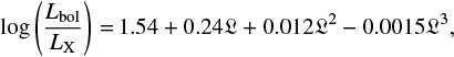 Mathematical equation: $$\log\left( \frac{L_{\rm bol}}{L_{\rm X}} \right)\,{=}\,1.54 + 0.24\mathcal{L} + 0.012\mathcal{L}^2 - 0.0015\mathcal{L}^3, $$