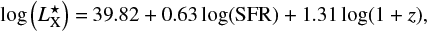 Mathematical equation: $$\log\left( L^\star_{\rm X} \right)\,{=}\,39.82 + 0.63\log({\rm SFR}) + 1.31 \log(1 + z), $$