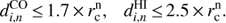 Mathematical equation: \begin{equation}d_{i,n}^{{\rm{CO}}} \le 1.7 \times r_{\rm{c}}^{\rm{n}},\qquad d_{i,n}^{{\rm{HI}}} \le 2.5 \times r_{\rm{c}}^{\rm{n}}.\end{equation}