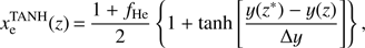 Mathematical equation: $ \begin{aligned} x_\mathrm{e}^\mathrm{TANH}(z) \,{=}\, \frac{1+f_\mathrm{He}}{2}\left\{ 1+\tanh \left[\frac{y(z^*) - y(z)}{\Delta y}\right]\right\} , \end{aligned} $