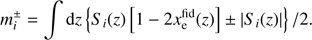 Mathematical equation: $ \begin{aligned} m_i^{\pm } = \int \text{ d}z \left\{ S_i(z)\left[1-2x_\mathrm{e}^\mathrm{fid}(z)\right] \pm |S_i(z) | \right\} /2. \end{aligned} $