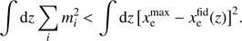 Mathematical equation: $ \begin{aligned} \int \text{ d}z \sum _i m_i^2 \,{<}\, \int \text{ d}z \, \big [x_\mathrm{e}^\mathrm{max} - x_\mathrm{e}^\mathrm{fid}(z)\big ]^2. \end{aligned} $