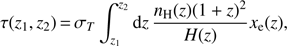 Mathematical equation: $ \begin{aligned} \tau (z_1, z_2) \,{=}\, \sigma _T \int _{z_1}^{z_2} \text{ d}z \,\frac{n_\mathrm{H}(z)(1+z)^2}{H(z)} x_\mathrm{e}(z), \end{aligned} $