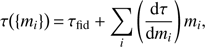Mathematical equation: $ \begin{aligned} \tau \big (\{m_i\}\big ) \,{=}\, \tau _\mathrm{fid} + \sum _i \left(\frac{\text{ d}\tau }{\text{ d}m_i} \right) m_i, \end{aligned} $