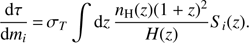 Mathematical equation: $ \begin{aligned} \frac{\text{ d}\tau }{\text{ d}m_i} \,{=}\, \sigma _T \int \text{ d}z \,\frac{n_\mathrm{H}(z)(1+z)^2}{H(z)} S_i(z). \end{aligned} $
