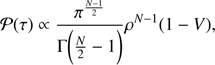 Mathematical equation: $ \begin{aligned} \mathcal P (\tau ) \propto \frac{\pi ^{\frac{N-1}{2}}}{\Gamma \bigg (\frac{N}{2}-1\bigg )} \rho ^{N-1}(1 - V), \end{aligned} $