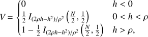 Mathematical equation: $ \begin{aligned} V \,{=}\, {\left\{ \begin{array}{ll} 0&h<0 \\ \frac{1}{2} \, I_{(2\rho h-h^2)/\rho ^2}\left(\frac{N}{2},\frac{1}{2}\right)&0<h<\rho \\ 1-\frac{1}{2} \, I_{(2\rho h-h^2)/\rho ^2}\left(\frac{N}{2},\frac{1}{2}\right)&h>\rho , \end{array}\right.} \end{aligned} $