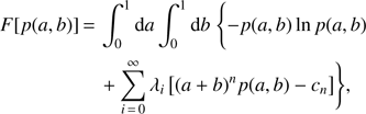 Mathematical equation: $ \begin{aligned} F[p(a,b)] \,{=}\,&\int _0^1 \text{ d}a \int _0^1 \text{ d}b \;\Biggl \{ -p(a,b) \ln p(a,b) \nonumber \\&+ \sum _{i\,{=}\,0}^\infty \lambda _i \left[(a+b)^n p(a,b) - c_n \right]\Biggr \}, \end{aligned} $