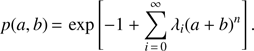 Mathematical equation: $ \begin{aligned} p(a,b) \,{=}\, \exp \left[-1+\sum _{i\,{=}\,0}^\infty \lambda _i (a+b)^n\right]. \end{aligned} $