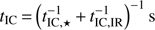 Mathematical equation: $$ t_\text{IC}={(t_{\text{IC,}\star}^{-1}+t_\text{IC,IR}^{-1})}^{-1}\;\mathrm s $$