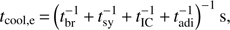 Mathematical equation: $$ t_\text{cool,e}={(t_\text{br}^{-1}+t_\text{sy}^{-1}+t_\text{IC}^{-1}+t_\text{adi}^{-1})}^{-1}\;\mathrm s, $$