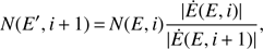 Mathematical equation: $$ N{(E',i+1)}=N{(E,i)}\frac{\vert\dot E{(E,i)}\vert}{\vert\dot E{(E,i+1)}\vert}, $$