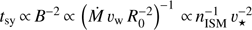 Mathematical equation: $ t_\text{sy}\;\propto B^{-2}\propto{(\dot M\;\upsilon_\mathrm w\;R_0^{-2})}^{-1}\propto n_\text{ISM}^{-1}\;\upsilon_\star^{-2} $