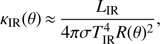 Mathematical equation: $$ \kappa_\text{IR}{(\theta)}\approx\frac{L_\text{IR}}{4\pi\sigma T_\text{IR}^4R{(\theta)}^2}, $$