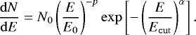 Mathematical equation: \begin{equation*} \frac{\mathrm{d}N}{\mathrm{d}E} = N_0 \left(\frac{E}{E_0}\right)^{-p} \exp\left[-\left(\frac{E}{E_{\mathrm{cut}}}\right)^{\alpha}\right]. \end{equation*}