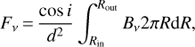 Mathematical equation: $$ \begin{aligned} F_\nu \,{=}\,\frac{\cos i}{d^2} \int _{R_\mathrm{in}}^{R_\mathrm{out}} B_\nu 2\pi R \mathrm{d}R ,\end{aligned} $$