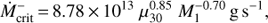 Mathematical equation: $$ \begin{array}{c}\dot M_\mathrm{crit}^-\hspace{0.166667em}=\hspace{0.166667em}8.78\hspace{0.166667em}\times\hspace{0.166667em}10^{13}\hspace{3.33333pt}\mu_{30}^{0.85}\hspace{3.33333pt}M_1^{-0.70}\hspace{0.166667em}\mathrm g\hspace{0.166667em}s^{-1},\end{array} $$