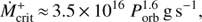 Mathematical equation: $$ \begin{array}{c}\dot M_\mathrm{crit}^+\hspace{0.166667em}\approx\hspace{0.166667em}3.5\hspace{0.166667em}\times\hspace{0.166667em}10^{16}\hspace{4pt}P_\mathrm{orb}^{1.6}\hspace{0.166667em}\mathrm g\hspace{0.166667em}\mathrm s^{-1},\end{array} $$