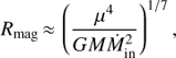 Mathematical equation: $$ \begin{aligned} R_\mathrm{mag}\,{\approx }\,\left(\frac{\mu ^4 }{GM\dot{M}_\mathrm{in}^2} \right)^{1/7} ,\end{aligned} $$