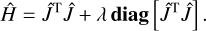 Mathematical equation: $ \begin{aligned} \hat{H} = \hat{J}^\mathrm{T} \hat{J} + \lambda \,\mathbf{diag}\left[{\hat{J}^\mathrm{T} \hat{J}}\right]. \end{aligned} $