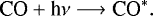 Mathematical equation: \begin{equation*}\text{CO}+\text{h}\nu\longrightarrow \text{CO}^*. \end{equation*}