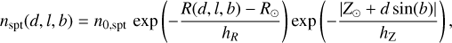 Mathematical equation: $$ {n_{{\rm{spt}}}}(d,l,b) = {n_{0,{\rm{spt}}}}{\mkern 1mu} \exp \left( { - \frac{{R(d,l,b) - {R_ \odot }}}{{{h_R}}}} \right)\exp \left( { - \frac{{|{Z_ \odot } + d{\mkern 1mu} {\rm{sin}}(b)|}}{{{h_{\rm{Z}}}}}} \right), $$