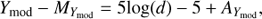 Mathematical equation: $$ {Y_{{\rm{mod}}}} - {M_{{Y_{{\rm{mod}}}}}} = 5{\rm{log}}(d) - 5 + {A_{{Y_{{\rm{mod}}}}}}, $$