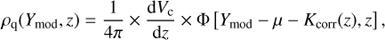 Mathematical equation: $$ {\rho _{\rm{q}}}({Y_{{\rm{mod}}}},z) = \frac{1}{{4\pi }} \times \frac{{{\rm{d}}{V_{\rm{c}}}}}{{{\rm{d}}z}} \times \Phi \left[ {{Y_{{\rm{mod}}}} - \mu - {K_{{\rm{corr}}}}(z),z} \right], $$