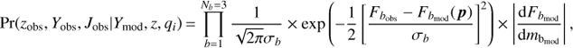 Mathematical equation: $$ {\rm{Pr}}({z_{{\rm{obs}}}},{Y_{{\rm{obs}}}},{J_{{\rm{obs}}}}|{Y_{{\rm{mod}}}},z,{q_i}) = \prod\limits_{b = 1}^{{N_b} = 3} {\frac{1}{{\sqrt {2\pi } {\sigma _b}}}} \times \exp \left( { - \frac{1}{2}{{\left[ {\frac{{{F_{{b_{{\rm{obs}}}}}} - {F_{{b_{{\rm{mod}}}}}}({\mkern 1mu} p)}}{{{\sigma _b}}}} \right]}^2}} \right) \times \left| {\frac{{{\rm{d}}{F_{{b_{{\rm{mod}}}}}}}}{{{\rm{d}}{m_{{{\rm{b}}_{{\rm{mod}}}}}}}}} \right|, $$