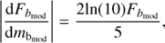 Mathematical equation: $$ \left| {\frac{{{\rm{d}}{F_{{b_{{\rm{mod}}}}}}}}{{{\rm{d}}{m_{{{\rm{b}}_{{\rm{mod}}}}}}}}} \right| = \frac{{2{\rm{ln}}(10){F_{{b_{{\rm{mod}}}}}}}}{5}, $$