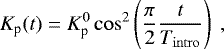 Mathematical equation: \begin{equation*}K_{\textrm{p}}(t) = K_{\textrm{p}}^0\cos^2\left(\frac{\pi}{2} \frac{t}{T_{\mathrm{intro}}}\right)\ , \end{equation*}