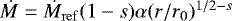 Mathematical equation: $\dot{M} = \dot{M}_{\mathrm{ref}} (1-s)\alpha (r/r_0)^{1/2-s}$