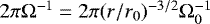 Mathematical equation: $2\pi\mathrm\Omega^{-1} = 2\pi (r/r_0)^{-3/2} {\mathrm{\Omega}}_0^{-1}$