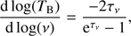 Mathematical equation: $\frac{\text{d} \, \text{log}({{T}_{\text{B}}})}{\text{d} \, \text{log}(\nu )}=\frac{-2{{\tau }_{\nu }}}{{{\text{e}}^{{{\tau }_{\nu }}}}\text{-1}}, $