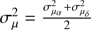 Mathematical equation: $ \textstyle\sigma_\mu^2=\frac{\sigma_{\mu_\alpha}^2+\sigma_{\mu_\delta}^2}2 $
