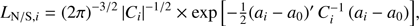 Mathematical equation: $$ \textstyle L_{\mathrm N/\mathrm S,i}={(2\pi)}^{-3/2}{\vert C_i\vert}^{-1/2}\times\exp{\left[-\frac12{(a_i-a_0)}'C_i^{-1}{(a_i-a_0)}\right]}, $$