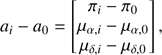 Mathematical equation: $$ \textstyle a_i-a_0={\left[\begin{array}{ccc}\pi_i&-&\pi_0\\\mu_{\alpha,i}&-&\mu_{\alpha,0}\\\mu_{\delta,i}&-&\mu_{\delta,0}\end{array}\right]}, $$