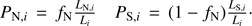 Mathematical equation: $$ \textstyle\begin{array}{cc}P_{\mathrm N,i}=f_\mathrm N\frac{L_{\mathrm N,i}}{L_i}&P_{\mathrm S,i}={(1-f_\mathrm N)}\frac{L_{\mathrm S,i}}{L_i}\end{array}. $$